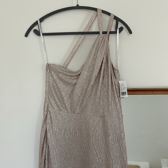 NWT Dessy Collection Silver Pink Rose One Shoulder Formal Gown Maxi Prom Dress - Picture 2 of 8